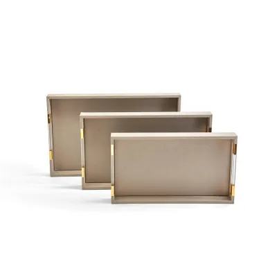 Taupe Set of 3 Decorative Rectangle Trays with Acrylic Handles Vegan Leather