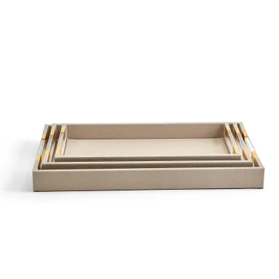 Taupe Set of 3 Decorative Rectangle Trays with Acrylic Handles Vegan Leather