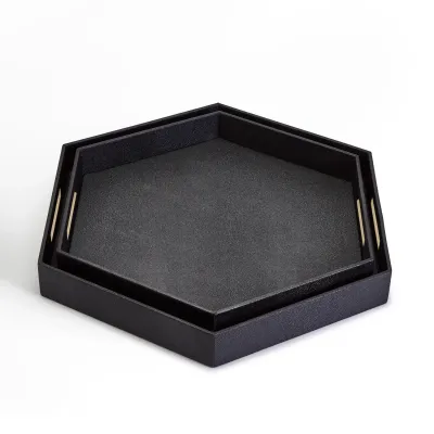 Set of 2 Black Hexagon Stingray Trays with Golden Handle Vegan Leather/Stainless Steel