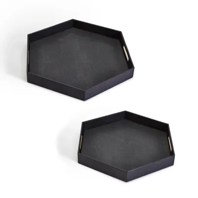 Set of 2 Black Hexagon Stingray Trays with Golden Handle Vegan Leather/Stainless Steel