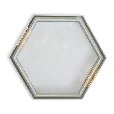 Set of 2 Pearlized Shades of Mint Hexagon Stingray Trays with Golden Handles Vegan Leather/Stainless Steel
