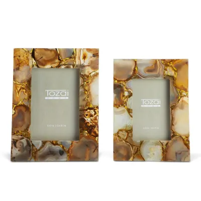 Amber Agate Set of 2 Photo Frames in Gift Box (4" x 6", 5" x 7") Genuine Agate/Iron/Glass