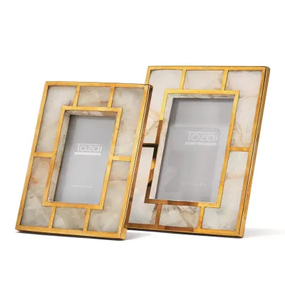 White Quartz Set of 2 Photo Frames with Brass Trim in Gift Box (4" x 6", 5" x 7") Genuine White Quartz/Glass/Steel/Brass