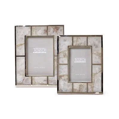 White Quartz Set of 2 Picture Frames with Nickel Trim (4" x 6", 5" x 7")