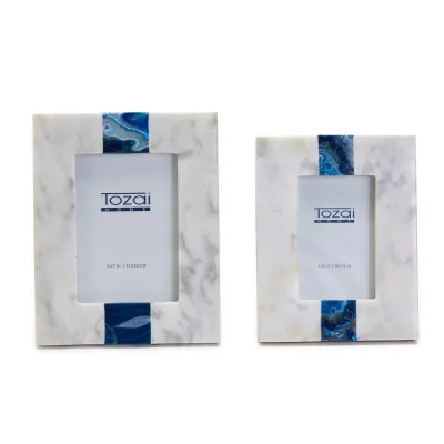 Set of 2 White Marble with Blue Agate Inlay Photo Frames (4" x 6", 5" x 7") Genuine Agate/Marble/Wood/Glass