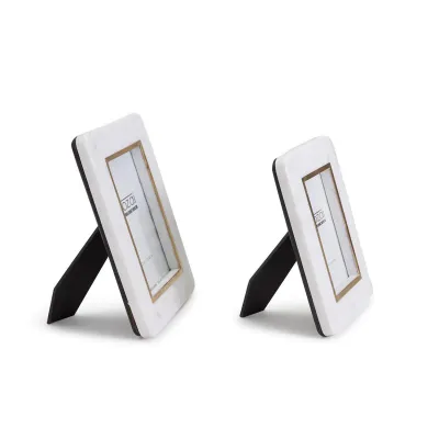 Hoxton Set of 2 White Marble Photo Frames with Rounded Edge and Brass Inlay (4" x 6", 5" x 7") Genuine Amazonite/Wood/Glass