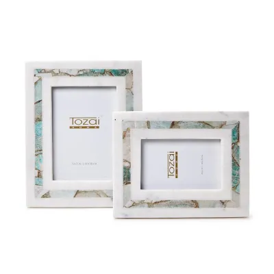 Amazonite Inlay Set of 2 White Marble Picture Frames in Gift Box (4" x 6", 5" x 7")