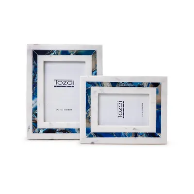 Blue Agate Inlay Set of 2 White Marble Picture Frames in Gift Box (4" x 6", 5" x 7")