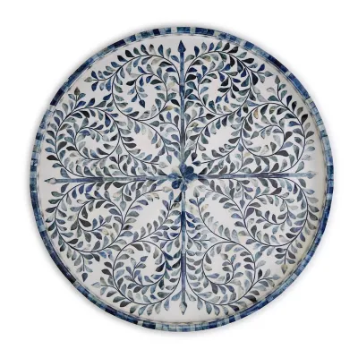 Jaipur Palace Blue and White Inlaid Decorative Round Serving Tray Bone/Resin
