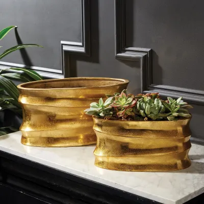 Golden Wave Set of 2 Planters Recycled Aluminum