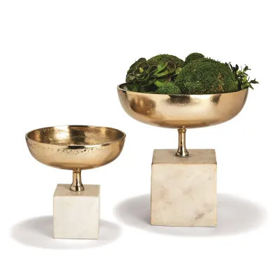 Set of 2 Chalice Bowl Sculptures on Marble Base Recycled Aluminum/Bronze/Marble
