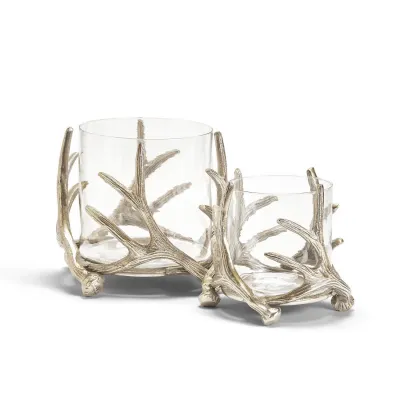 Set of 2 Antiqued Silver Antler Hand-Crafted Hurricanes with Bubble Glass Insert Includes 2 Sizes Recycled Aluminum/Glass