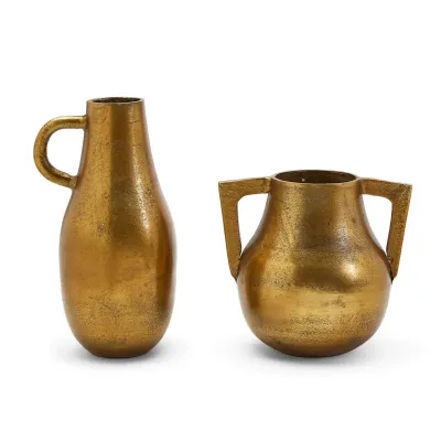 Alexandria Set of 2 Industrial Jug Vase with Antique Golden Finish Recycled Aluminum