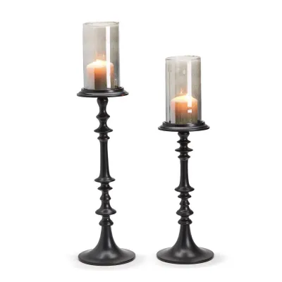 Set of 2 Black Candleholders with Removable Hand-Crafted Smoke Glass Cup Includes 2 Sizes Aluminum/Hand-Blown Glass
