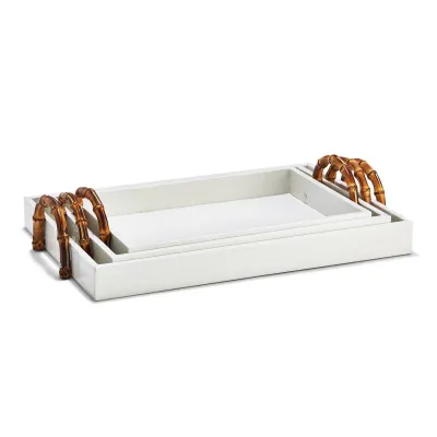 White Crocodile Set of 3 Decorative Rectangle Trays with Bamboo Handles Vegan Leather/Bamboo