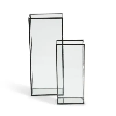 Windows Set of 2 Square Vases with Black Trim In 2 Sizes Glass/Metal
