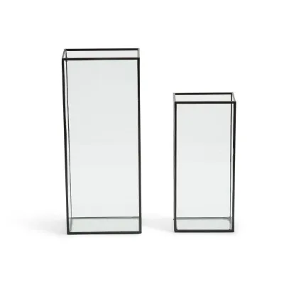 Windows Set of 2 Square Vases with Black Trim In 2 Sizes Glass/Metal