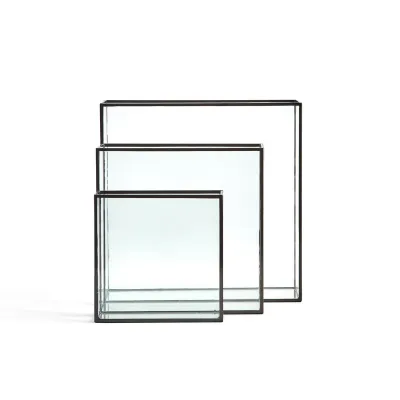 Windows Set of 3 Square Vases with Black Trim In 3 Sizes Glass/Metal