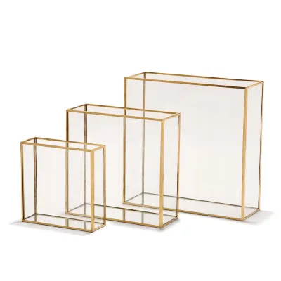 Windows Set of 3 Square Vases with Gold Metal Trim In 3 Sizes Glass/Metal