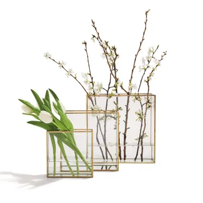 Windows Set of 3 Square Vases with Gold Metal Trim In 3 Sizes Glass/Metal