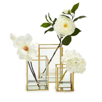 Rectangular Windows Set of 3 Vases/Candleholders In 3 Sizes Glass/Metal