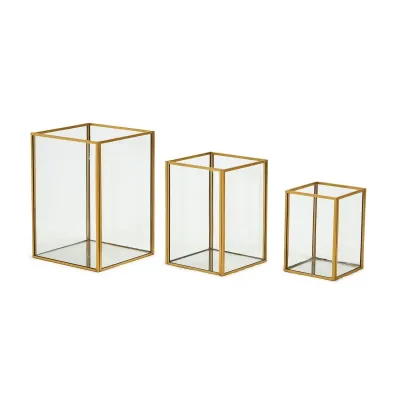 Rectangular Windows Set of 3 Vases/Candleholders In 3 Sizes Glass/Metal