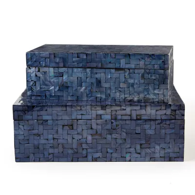 Midnight Blue Set of 2 Shimmering Decorative Covered Boxes with Herringbone Pattern Mother of Pearl/Resin