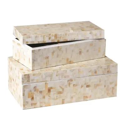 Lamina Set of 2 Decorative Covered Boxes with Herringbone Pattern Mother of Pearl/Resin