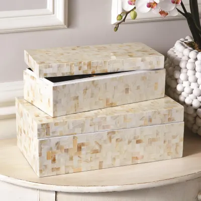 Lamina Set of 2 Decorative Covered Boxes with Herringbone Pattern Mother of Pearl/Resin