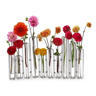 Silver Lavoisier Set of 10 Hinged Flower Vases with Silver Finish Metal/Glass (vial sizes 6", 8", 12")