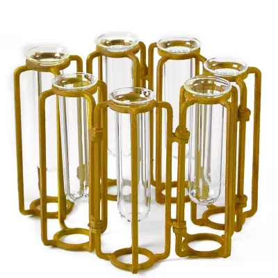 Lavoisier Set of 7 Hinged Flower Vases with Antiqued Gold Finish Metal/Glass
