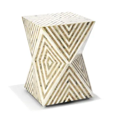Arrows Taupe and White Hand-Crafted Mosaic Pattern Stool/Side Table Bone/Resin