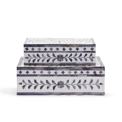 Jaipur Palace Set of 2 Gray and White Tear Hinged Cover Box Bone/Resin/Mango Wood