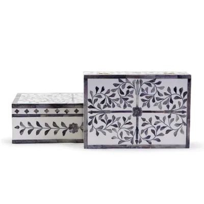 Jaipur Palace Set of 2 Gray and White Tear Hinged Cover Box Bone/Resin/Mango Wood