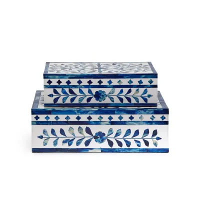 Set of 2 Jaipur Palace Blue & White Tear Hinged Cover BoxBone/Resin
