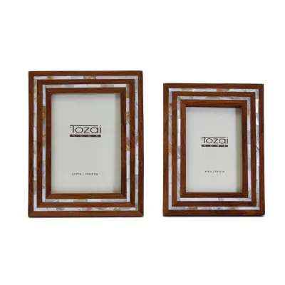 Fulham, Set of 2 Wood and Mother of Pearl Photo Frame (4" x 6", 5" x 7") Acacia Wood/Mother of Pearl/Glass