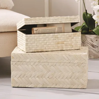 Basket Weave Set of 2 Bone Boxes Includes 2 Patterns Bone/Mango Wood