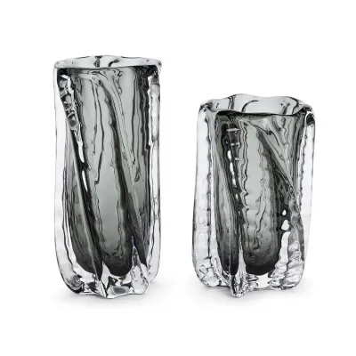 Set of 2 Smoke/Clear Art Glass Vase