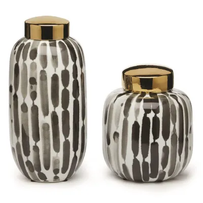 Brush Strokes Set of 2 Black and White Covered Jars with Gold Metallic Lid Hand-Painted Porcelain
