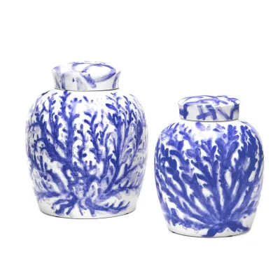 Blue Corals Set of 2 Covered Ginger Jars Porcelain