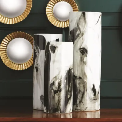 White Horses Set of 3 Tall Cylinder Vases Porcelain