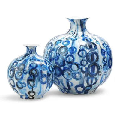 Blue Circles Set of 2 Hand-Painted Vases Porcelain