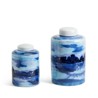 Landscapes Set of 2 Blue and White Covered Tea Jars Porcelain