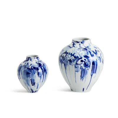 Canvas Set of 2 Abstract Hand Painted Blue and White Vases Porcelain