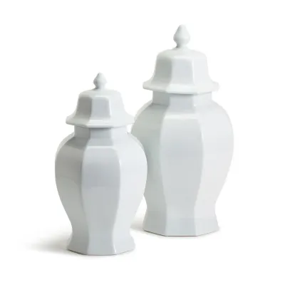 Conservatory Set of 2 White Hexagonal Temple Jars with Lid Porcelain