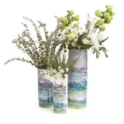 Aqua Sea and Landscape Set of 3 Tall Cylinder Vases Porcelain