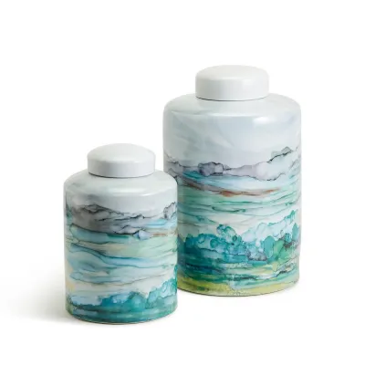 Aqua Sea and Landscape Set of 2 Tea Jars with Lid Porcelain