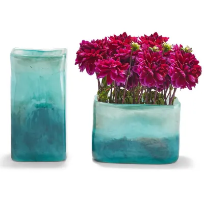 Green to Blue Landscape Set of 2 Vases Hand-blown Glass