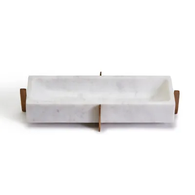 Gramercy Long Rectangular White Marble Tray with Gold Stand Marble/Brass