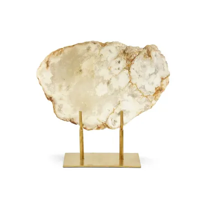 White Quartz Geode Slab on Gold Stand Genuine White Quartz Geode